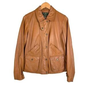 EDDIE BAUER Jacket Women Size Medium Camel Butter-soft Leather Zip Snap Pockets